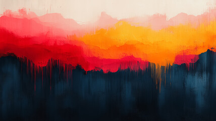 Poster - Abstract Watercolor Sunset: Vibrant streaks of red, orange, and yellow paint blend seamlessly into a deep, tranquil blue.