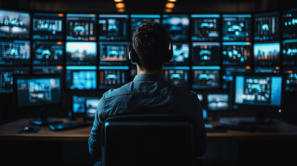 Poster - The Data Guardian: A lone cybersecurity professional in a darkened control room, intently monitoring a wall of digital screens filled with intricate data streams and graphs.