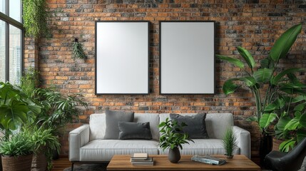 Sticker - Modern Living Room with Brick Wall, Plants, and Blank Frames