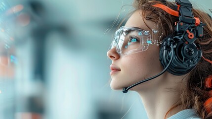 Poster - A focused young woman wearing protective glasses and a headset, looking thoughtfully into the distance in a modern, bright environment.