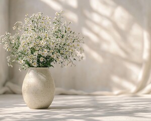 Poster - White flowers in a vase on a white background with sunlight.