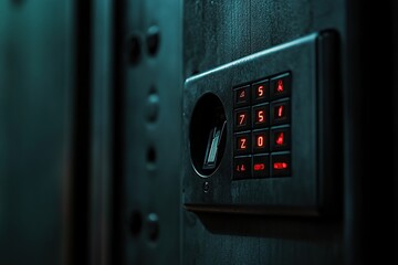 Poster - A close-up of an electronic lock on the door, with focus on its digital pad and keyhole