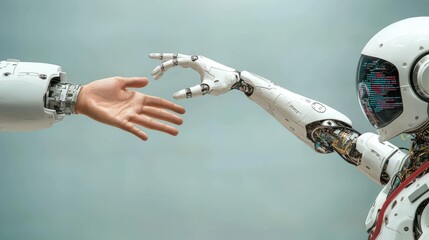Poster - A human hand reaches out to touch a robotic hand, symbolizing the connection between technology and humanity.