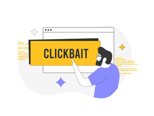 Poster - Click bait marketing concept with man clicking on exaggerated text. Digital advertising tactics, attention-grabbing clickbait headlines, user engagement, online viral click bait content strategies