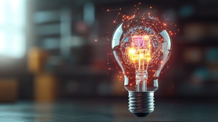 Poster - A glowing light bulb surrounded by vibrant sparks, symbolizing creativity and innovation in a blurred, warm environment.