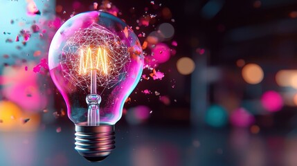 Poster - A glowing light bulb with vibrant pink and purple splashes in the background, symbolizing creativity and inspiration.