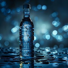 Water drops and bottle of mineral water on black background, closeup