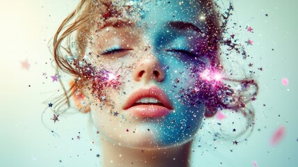 Poster - a surreal portrait featuring a woman with a cosmic-themed face, blending beauty and space elements, 
