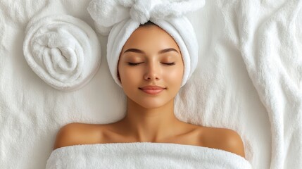 Woman with towel wrapped around her head after bath or spa treatment, a portrait of relaxation and beauty