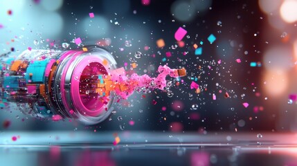 Poster - A vibrant explosion of color emanates from a container, showcasing splashes of pink and colorful particles in a dynamic, artistic scene.