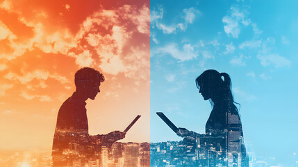 Poster - A split image featuring a man and a woman using laptops against colorful, sky-themed backgrounds, symbolizing collaboration and technology