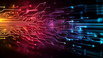 Aufkleber - A vibrant digital abstract featuring glowing lines and circuits in shades of pink, orange, and blue, suggesting technology and innovation