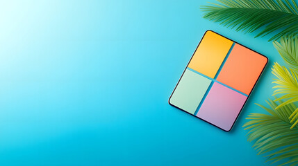 Aufkleber - A colorful square layout against a blue background, accompanied by tropical palm leaves, evoking a vibrant and refreshing atmosphere