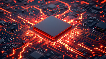 Poster - A close-up view of a computer chip on a circuit board, surrounded by glowing red lines, showcasing modern technology and intricate design