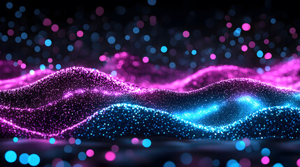 Aufkleber - Vibrant waves of pink and blue light particles create a mesmerizing, abstract digital landscape with a sense of depth and motion