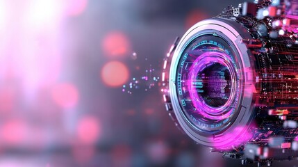 Poster - A futuristic camera lens surrounded by vibrant, colorful digital effects and lights, suggesting advanced technology and innovation.