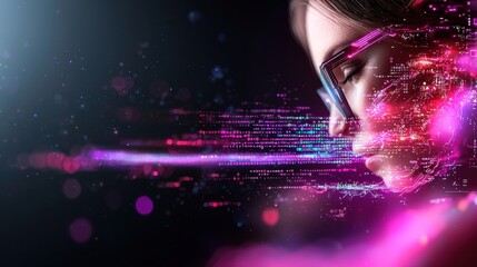 Aufkleber - A digitally enhanced portrait of a woman with glasses, featuring vibrant colors and futuristic elements symbolizing technology and innovation.