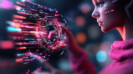 Poster - A futuristic scene featuring a woman interacting with vibrant digital elements, showcasing technology and innovation in a dynamic environment.