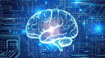 Poster - A futuristic digital brain on a blue circuit board background with glowing elements, symbolizing artificial intelligence and advanced technology. Perfect for innovation and tech-themed designs