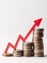 Poster - Stack of coins with a red downward arrow, illustrating the effect of falling interest rates on savings