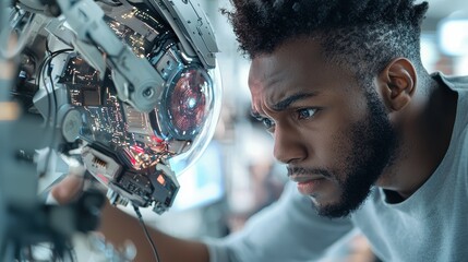 Aufkleber - A focused engineer examines a robotic device, showcasing the blend of human ingenuity and advanced technology.