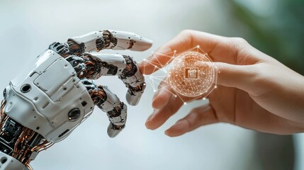 Poster - A robotic hand reaches towards a human hand, symbolizing the connection between technology and humanity, with a digital coin hovering between them.