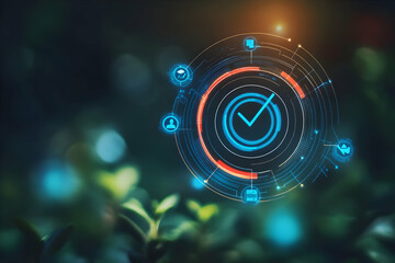 Poster - A digital interface with circular graphs and icons, symbolizing technology and data analytics against a blurred green background.