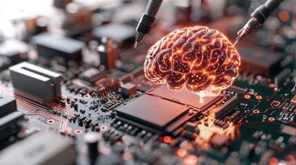 Poster - A digital brain sits atop a circuit board, symbolizing the intersection of technology and artificial intelligence.
