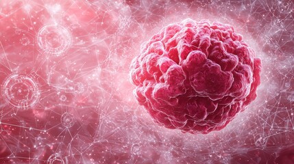 Poster - Close-up View of Red Microbial Cell with Abstract Digital Background and Technology Elements