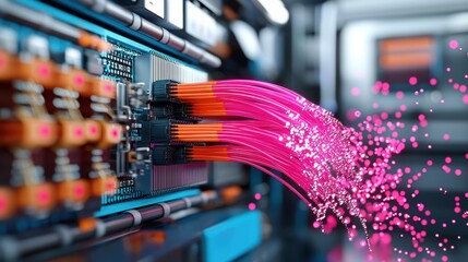 Poster - Data transmission process with fiber optic cables in server room technology digital environment