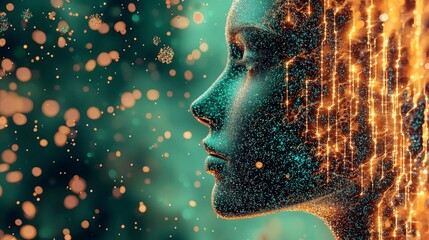 Poster - Futuristic Profile of a Woman with Digital Particles and Glowing Lights in Background