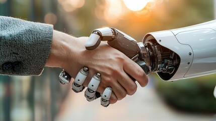 Poster - A human and a robotic hand shake, symbolizing collaboration between technology and humanity in a warm, outdoor setting.