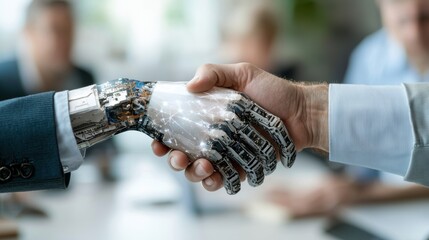 Poster - A human and a robotic hand are shaking hands, symbolizing collaboration between technology and humanity in a professional setting.