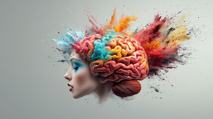 Poster - A surreal portrait of a woman with a vibrant, multicolored brain, symbolizing creativity and intelligence, with colorful splashes around her head.