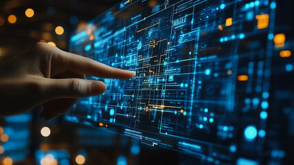Poster - Interactive Digital Interface: A hand interacts with a futuristic, holographic digital interface filled with intricate data streams and glowing lines.