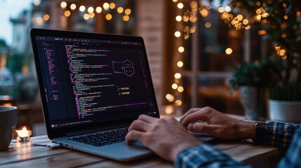 Poster - A person types on a laptop displaying code, surrounded by warm lights, creating a cozy atmosphere for programming or working late.