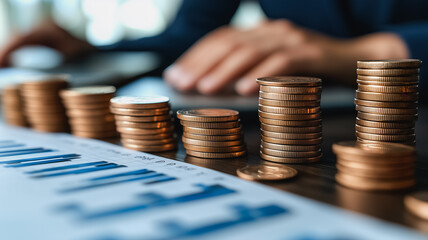 Poster - Financial Growth and Stability: Stacks of coins represent increasing wealth and financial success, set against a blurred background of financial charts and a person working on a laptop.