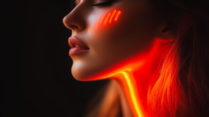 Poster - Neon Glow: A close-up portrait of a young woman with glowing neon lines on her face and neck, creating a striking and futuristic aesthetic.