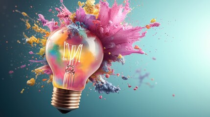 Poster - A colorful light bulb bursts with vibrant paint splashes, symbolizing creativity and innovation.