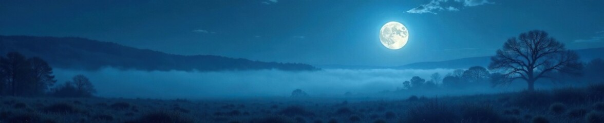 Wall Mural - Shimmering moonlight illuminates misty landscape, serene, moonlit
