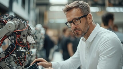 Aufkleber - A focused man in glasses interacts with a robotic arm in a high-tech workshop, blending human intellect with advanced machinery.
