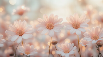 Poster - Soft Light, Delicate Blooms: A gentle, ethereal photograph of delicate pink daisies bathed in warm, golden sunlight. The soft focus and dreamy tones create a sense of tranquility and beauty. 