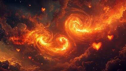 Wall Mural - Fiery heart-shaped swirls in a cosmic nebula.
