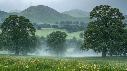 Wall Mural - Rain shower over green valley, trees, wildflowers, misty hills