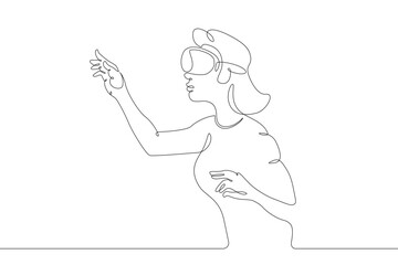 Poster - Little teenager child playing virtual reality. Character in a helmet with glasses of virtual reality. One continuous drawing line  logo single hand drawn art doodle isolated minimal illustration.