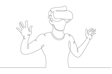 Poster - Little teenager child playing virtual reality. Character in a helmet with glasses of virtual reality. One continuous drawing line  logo single hand drawn art doodle isolated minimal illustration.