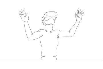Poster - Little teenager child playing virtual reality. Character in a helmet with glasses of virtual reality. One continuous drawing line  logo single hand drawn art doodle isolated minimal illustration.