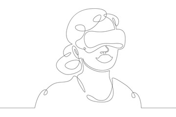 Poster - Little teenager child playing virtual reality. Character in a helmet with glasses of virtual reality. One continuous drawing line  logo single hand drawn art doodle isolated minimal illustration.