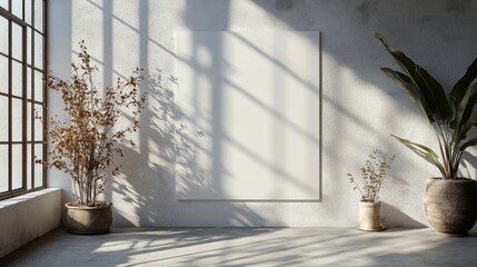 Wall Mural - Sunlit Minimalist Interior with Blank Canvas and Plants