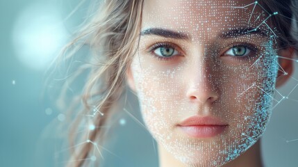 Poster - A digital portrait of a young woman with a futuristic, data-inspired overlay on her face, highlighting her striking blue eyes.